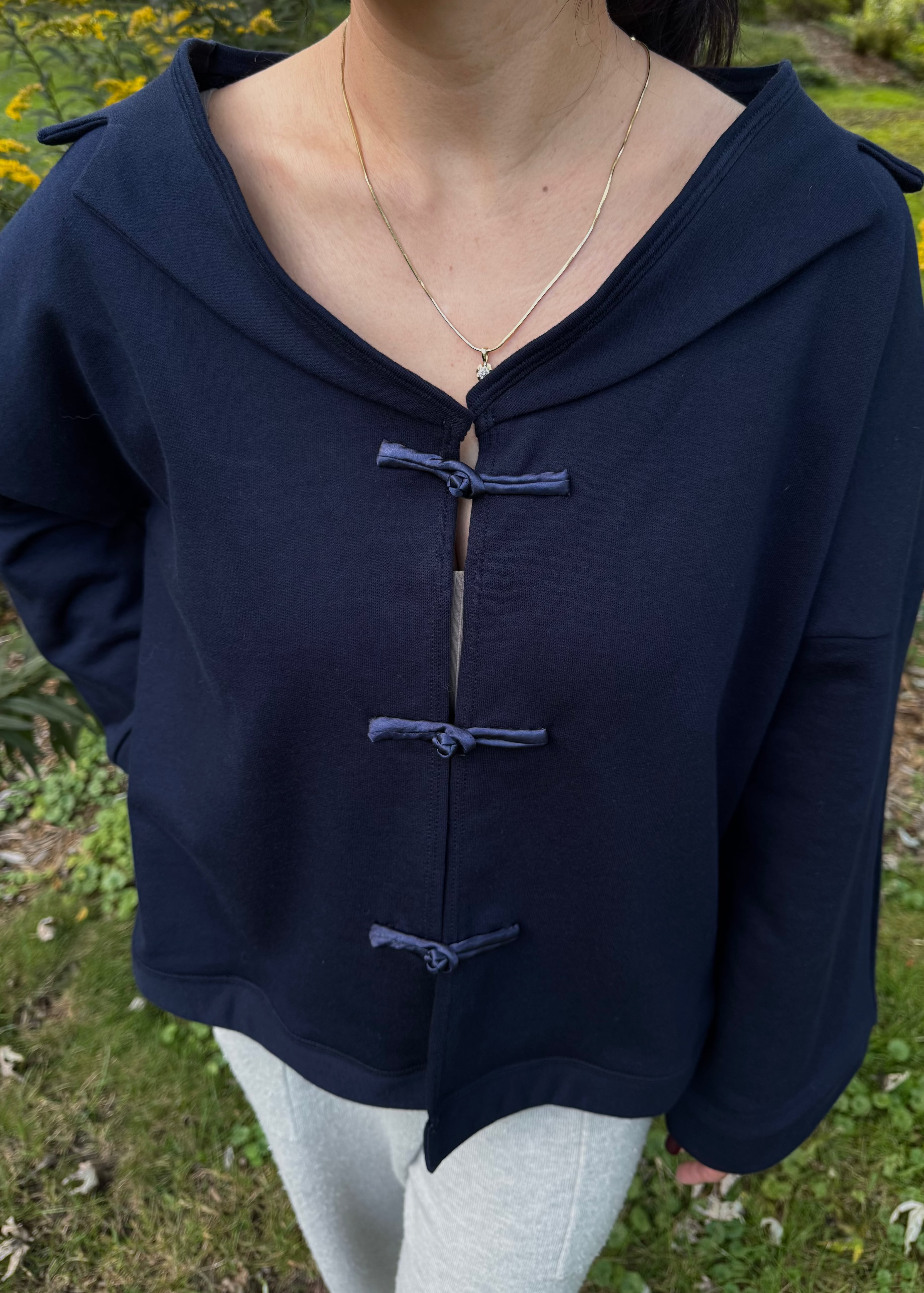 JUNI Wide-Neck Navy Cotton Fleece Sweater