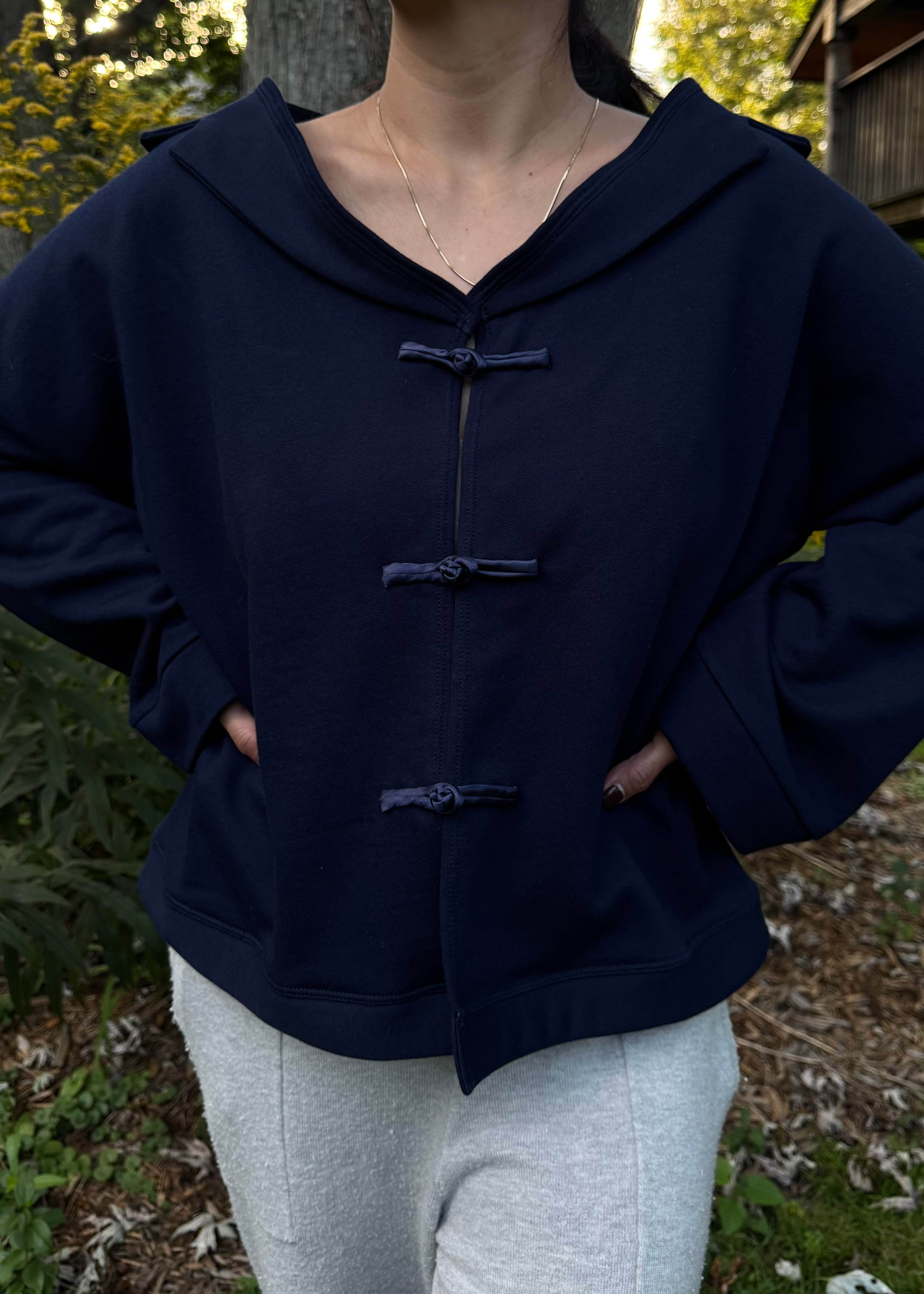 JUNI Wide-Neck Navy Cotton Fleece Sweater