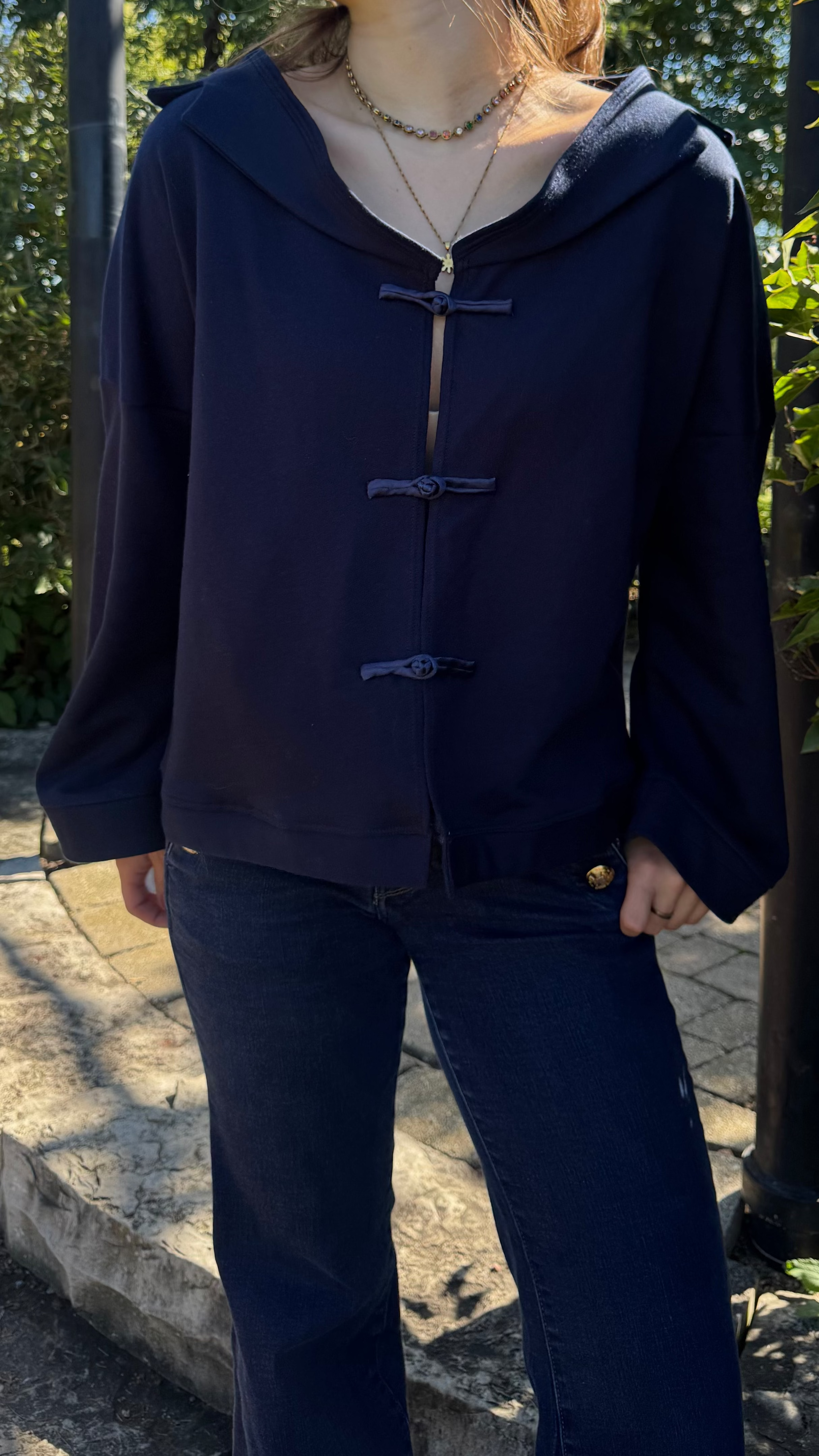 JUNI Wide-Neck Navy Cotton Fleece Sweater