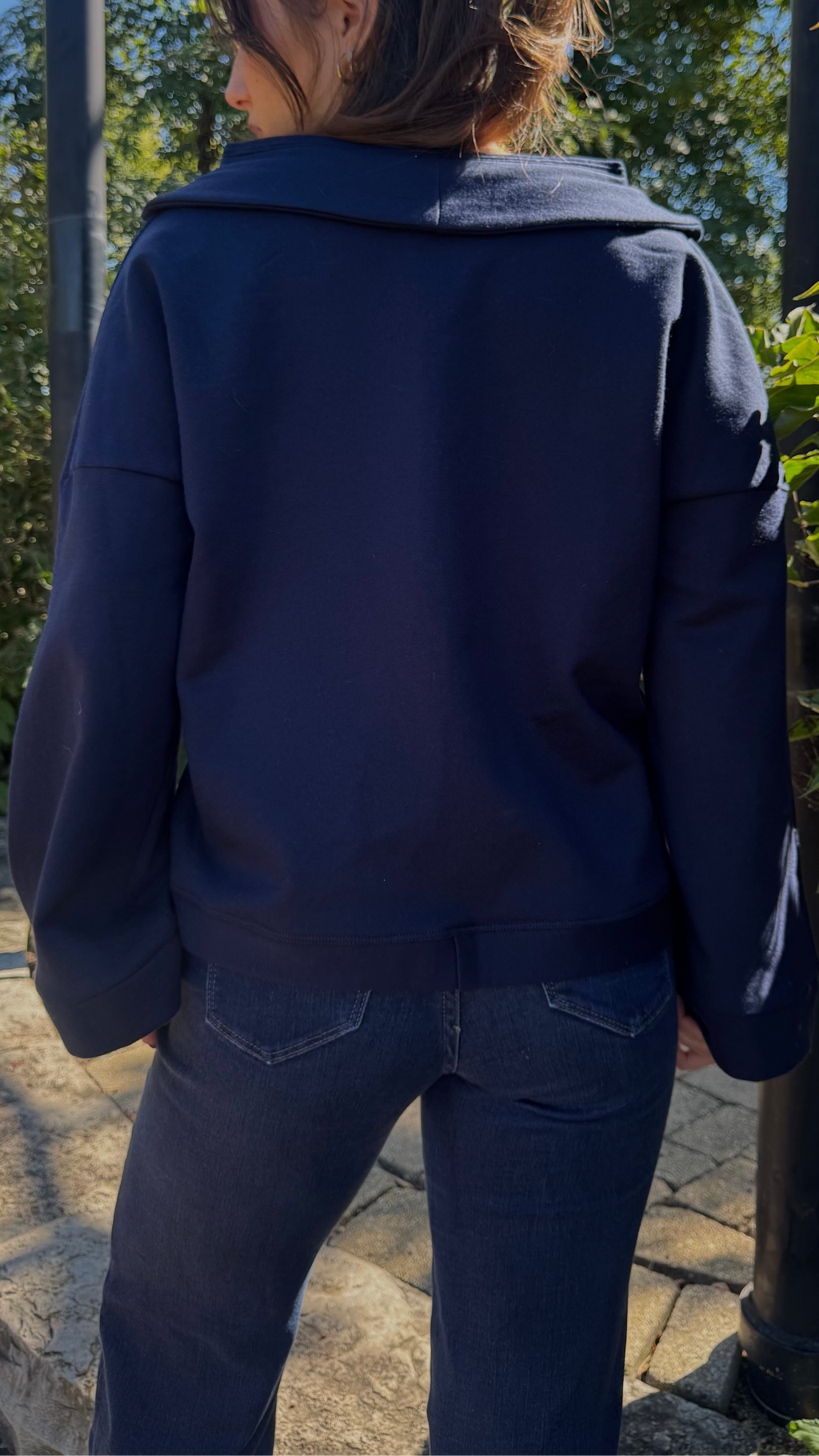 JUNI Wide-Neck Navy Cotton Fleece Sweater